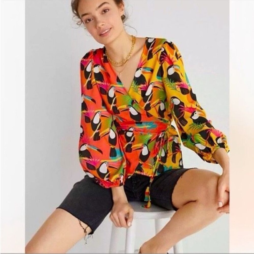 Farm Rio x Anthropologie Toucan Rainforest Tassel Wrap Blouse Women’s Medium - Picture 12 of 13